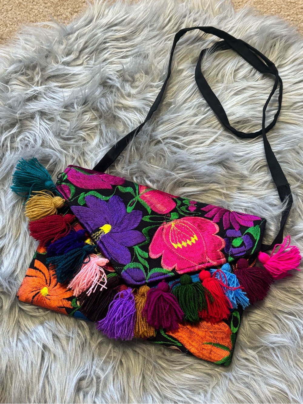 Boutique Mexican Handmade Embroidered Floral Crossbody Bag with Tassels